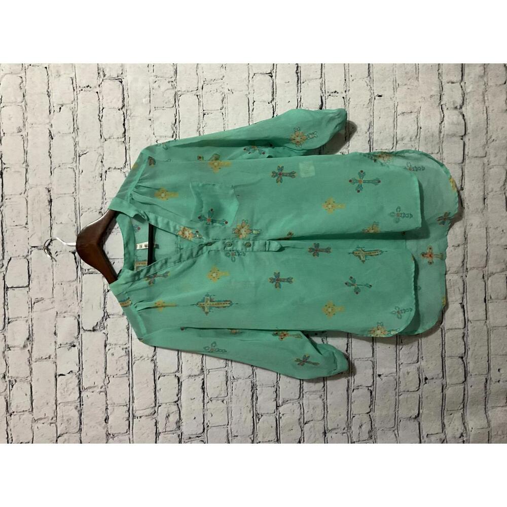 Live‎ & Truth Mint Green Sheer Cross Print Blouse, Size Small